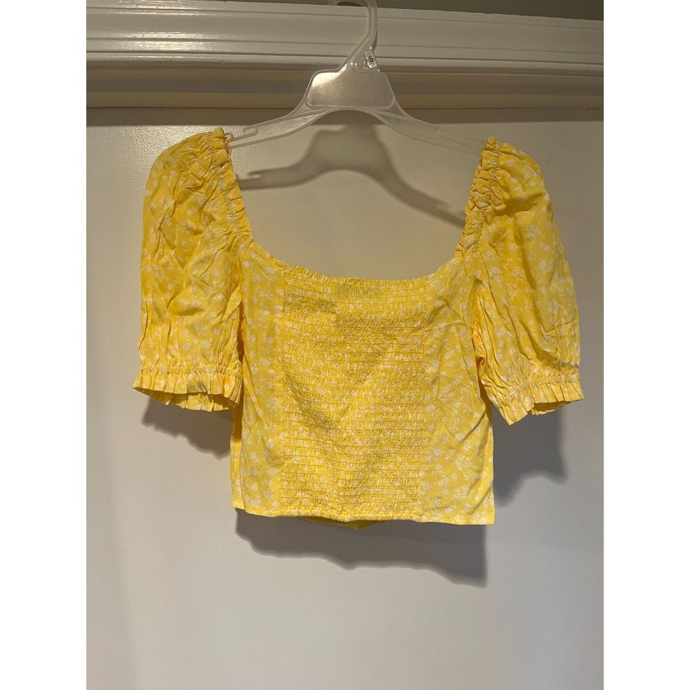 Sophie Rue Women's Cropped Top Ruffle Puff Sleeve Yellow Shirt Size Medium